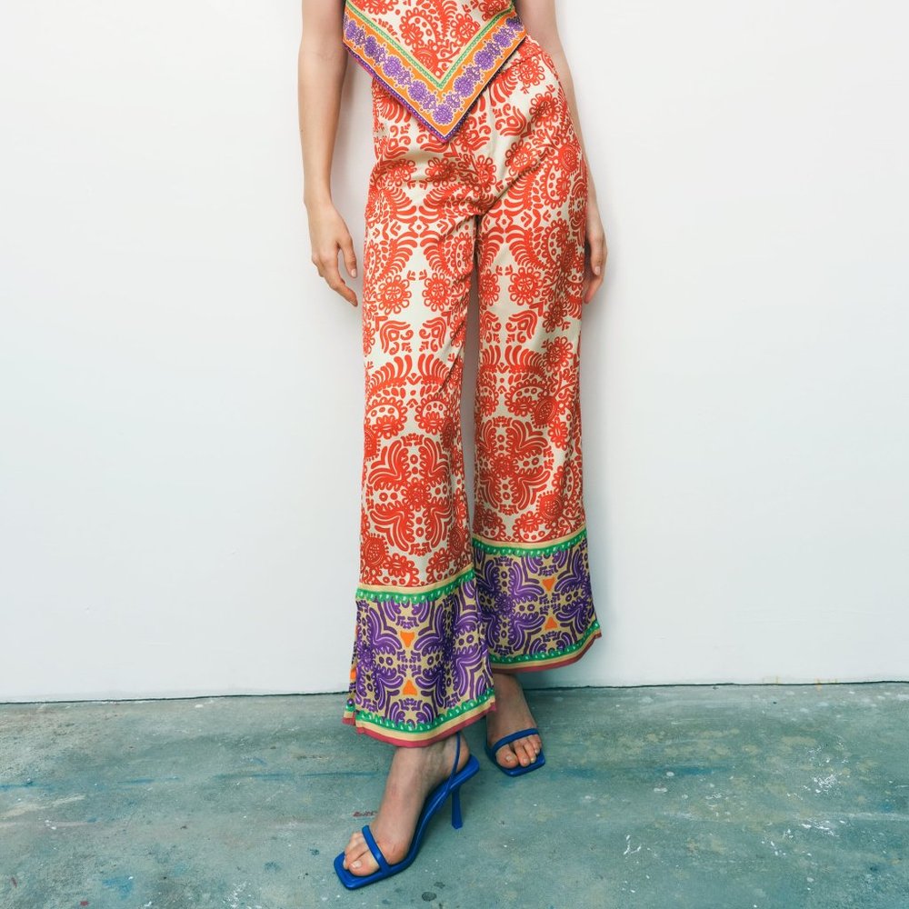 Zara Pajama Style Wide Leg Multicolor Printed Pant